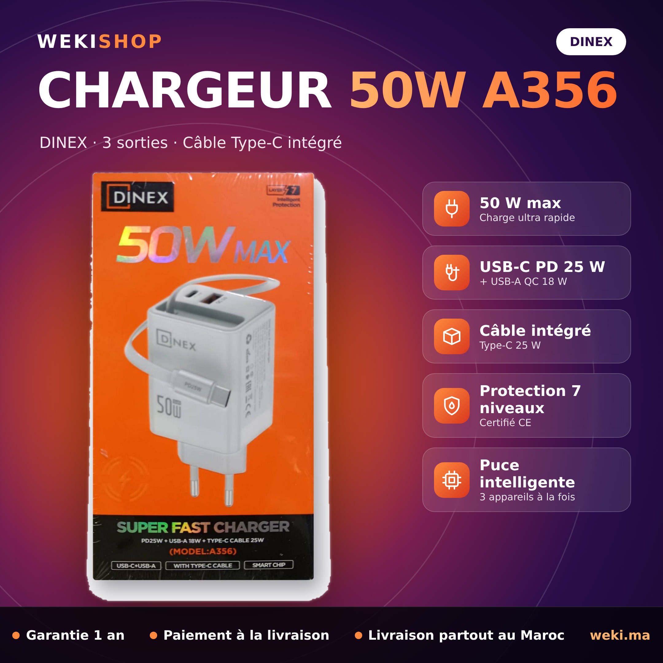 Chargeur DINEX 50W A356 avec Câble Type-C