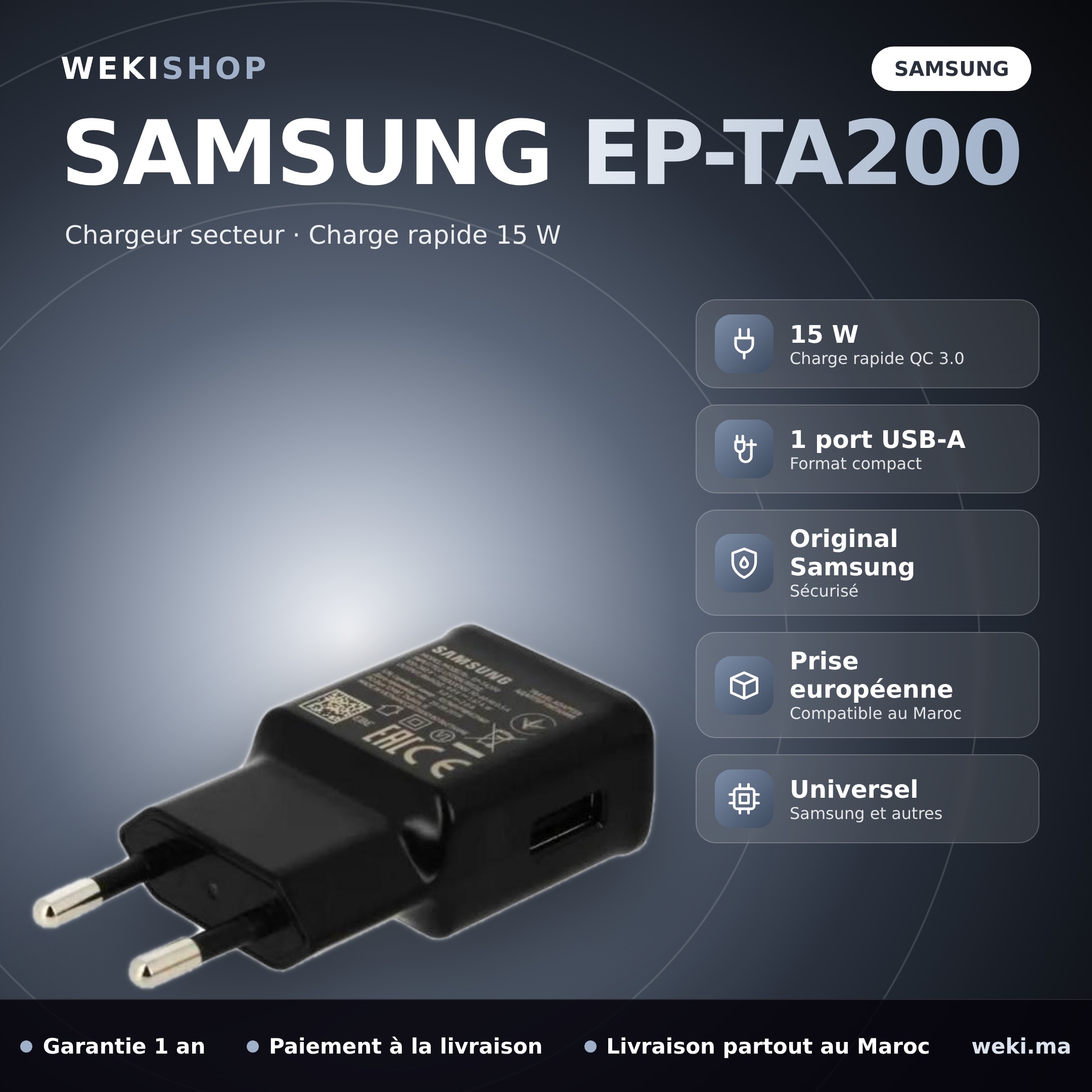 Chargeur secteur Samsung EP-TA200 – USB 15 W, charge rapide