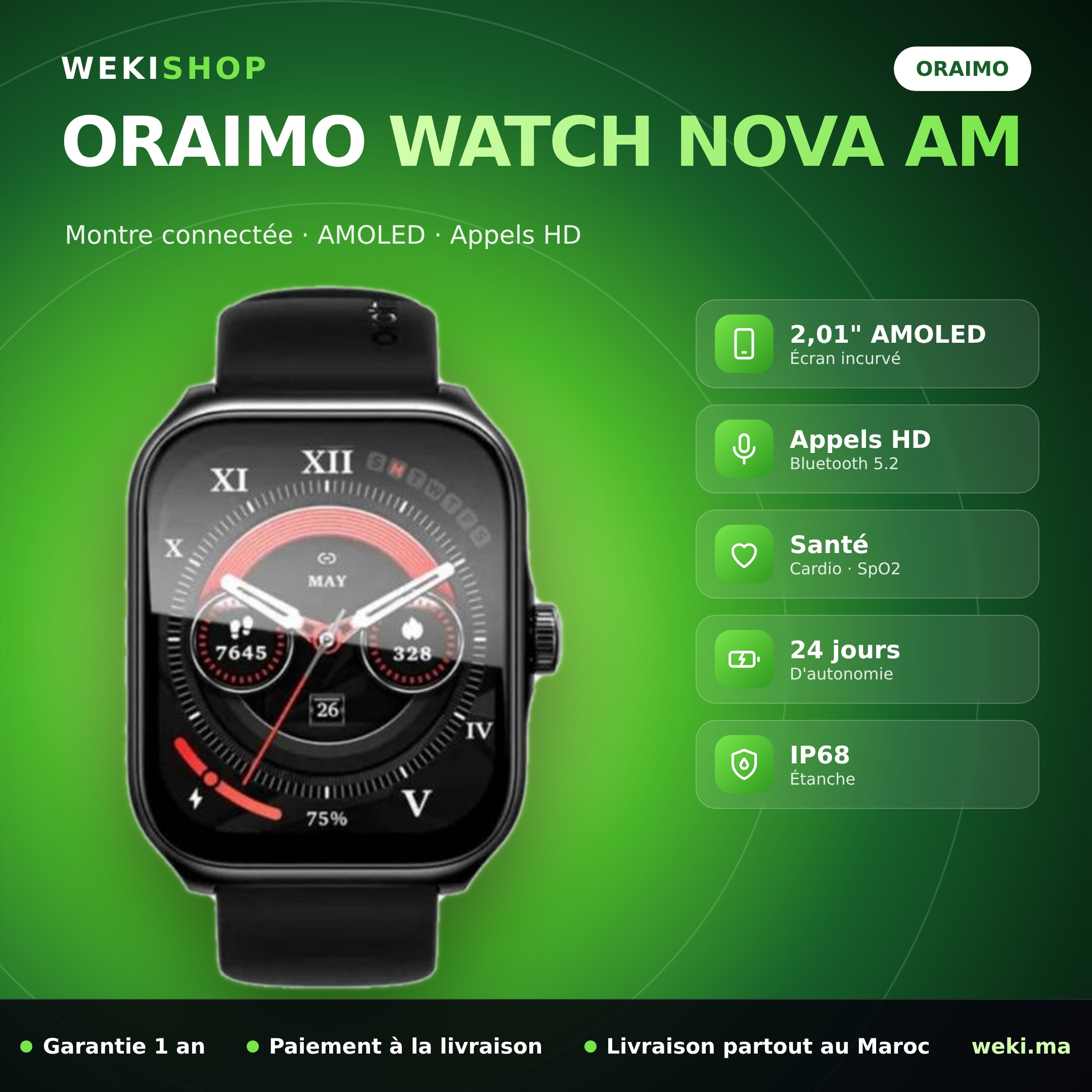 Montre connectée Oraimo Watch Nova AM – AMOLED 2,01", appels Bluetooth
