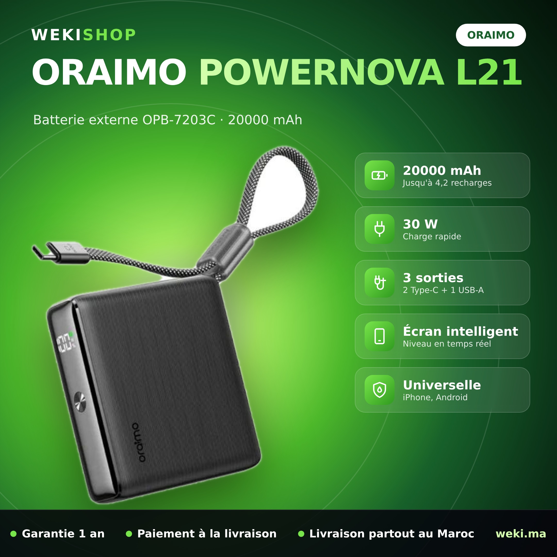 Batterie externe Oraimo PowerNova L21 OPB-7203C – 20000 mAh, 30 W
