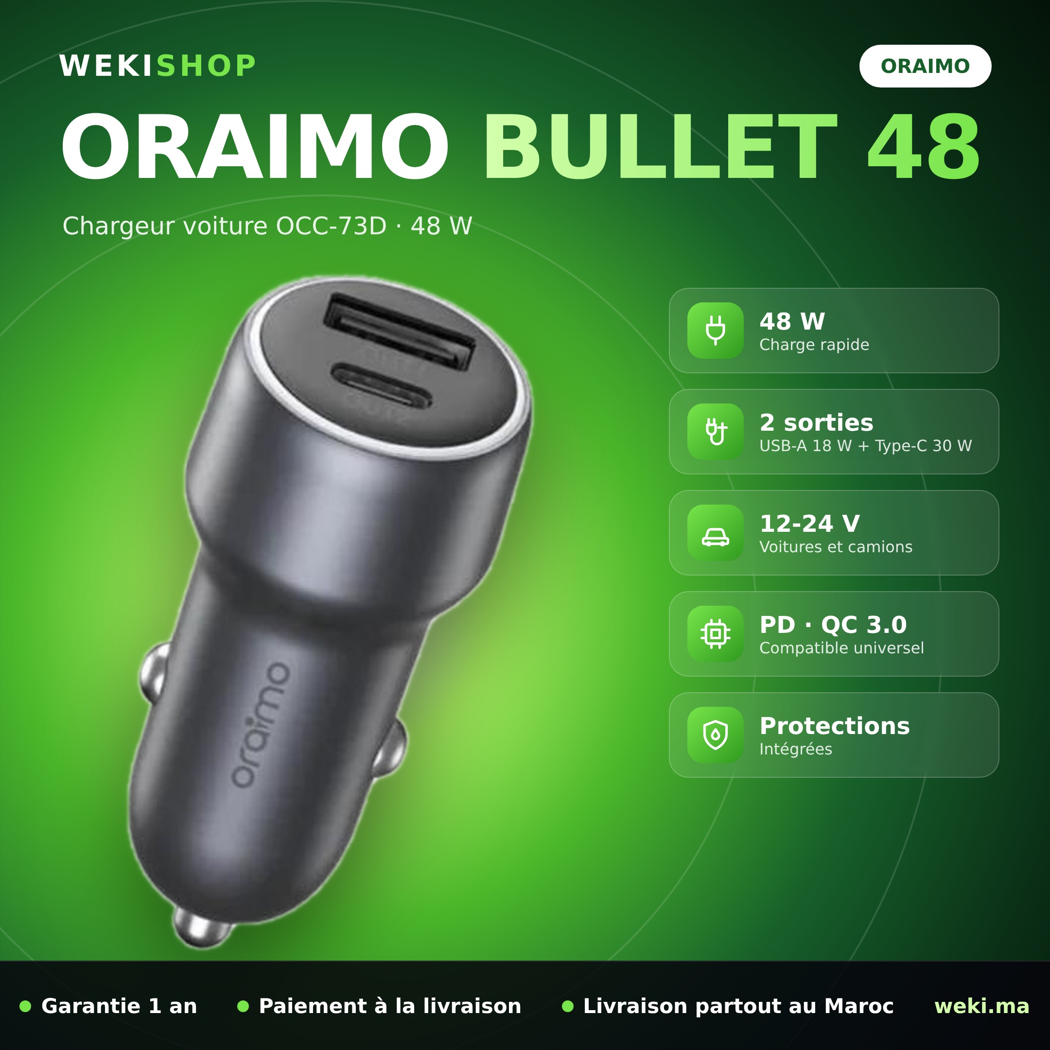 Chargeur voiture Oraimo Bullet 48 OCC-73D – USB-A + Type-C, 48 W