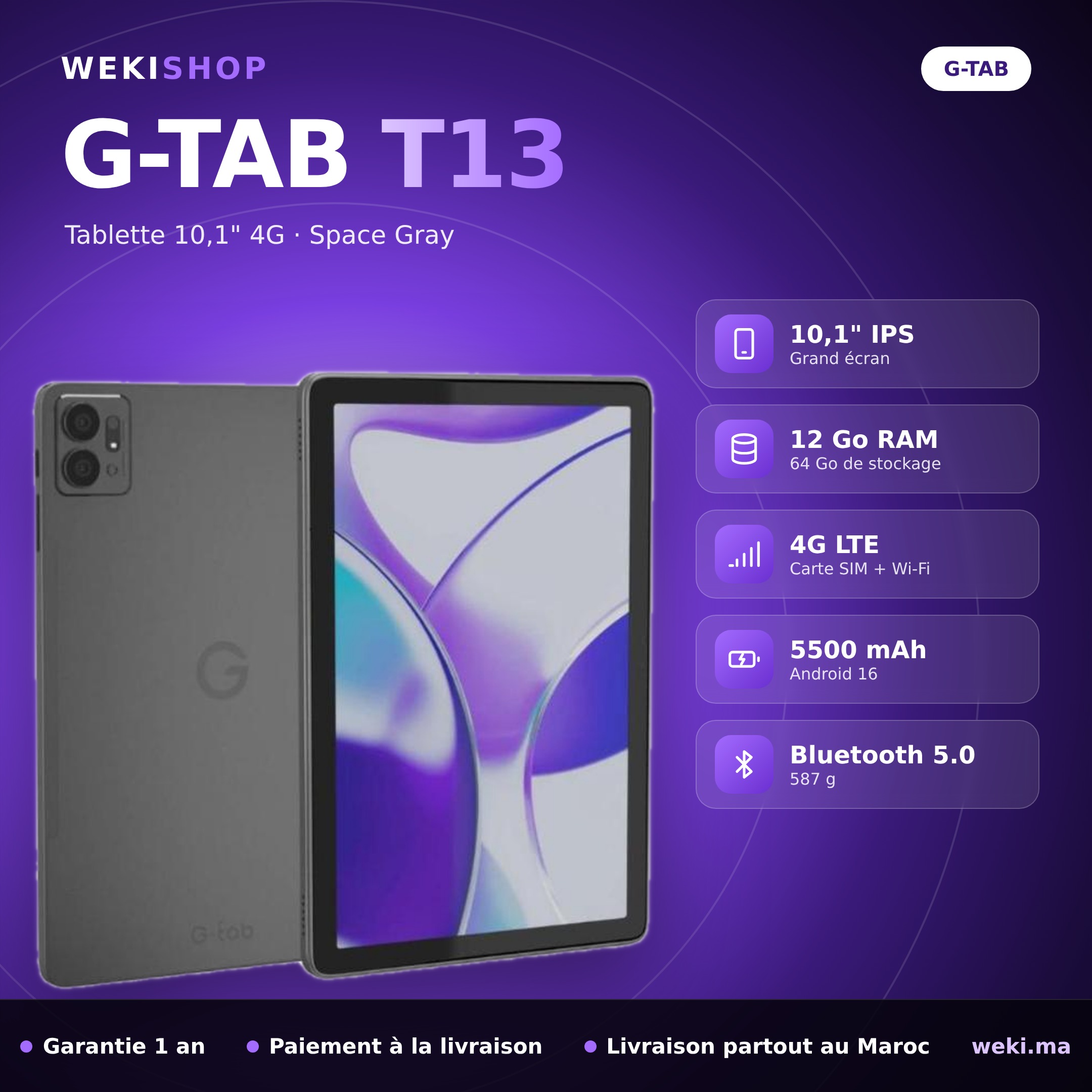 G-Tab T13 Tablette 10,1" 4G - 64 Go / 12 Go RAM - Space Gray