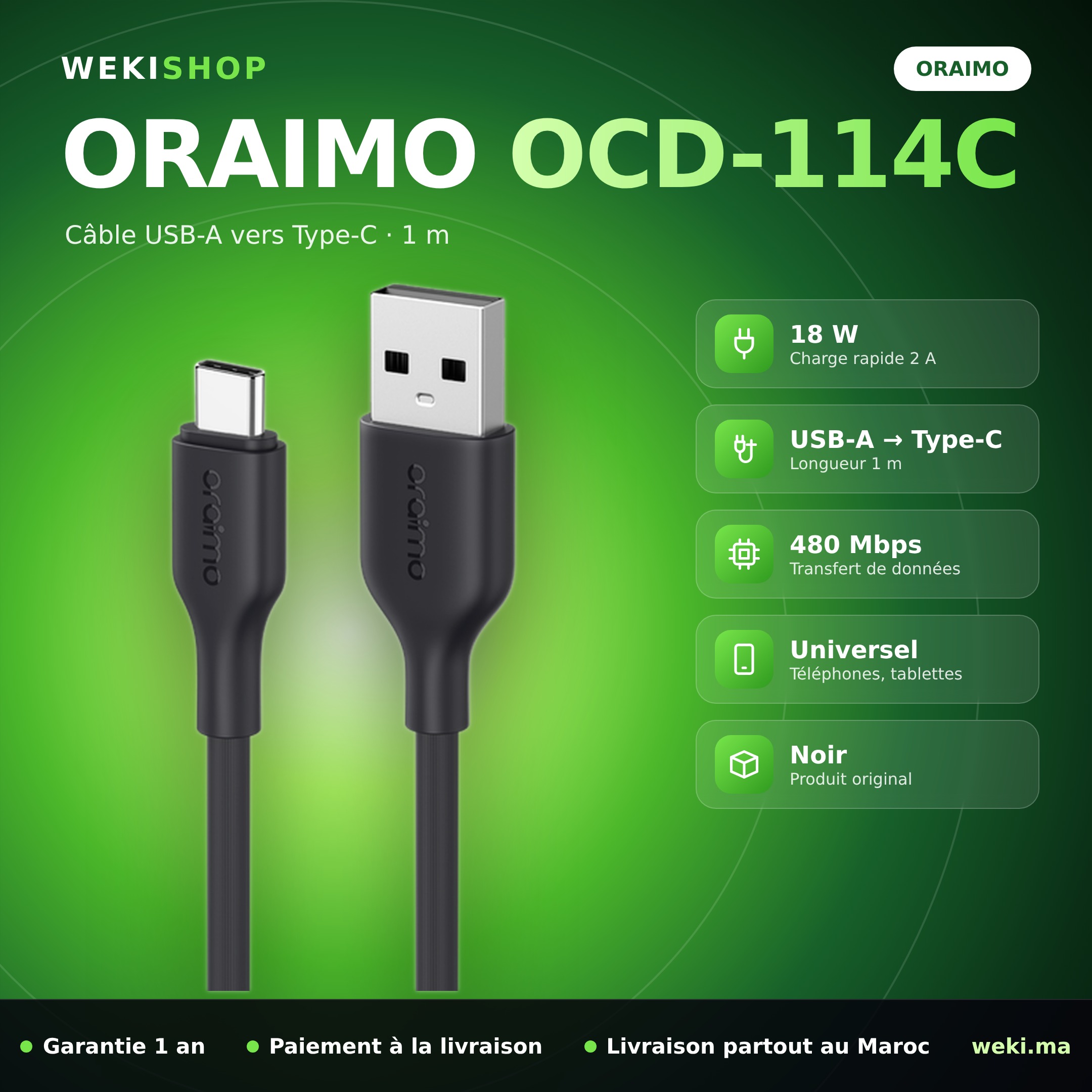 Câble Oraimo OCD-114C – USB-A vers Type-C 1 m