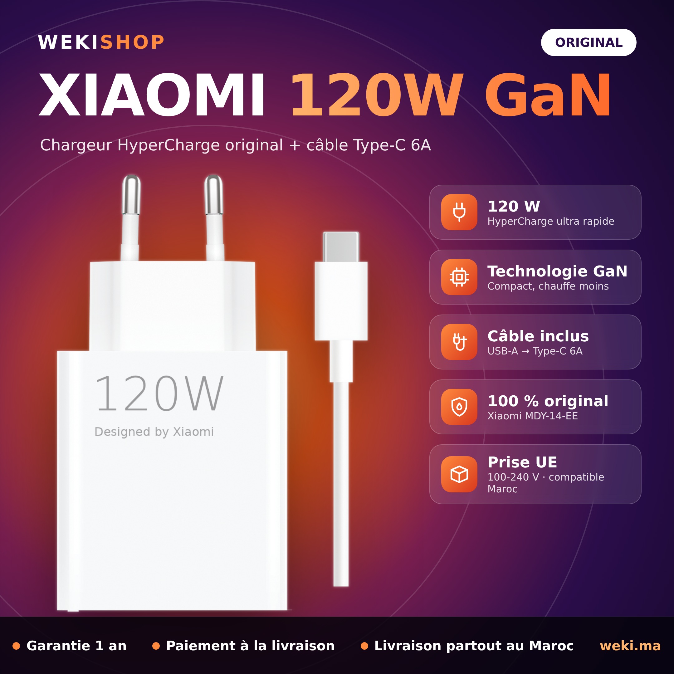 Chargeur Xiaomi 120W GaN HyperCharge original + câble Type-C 6A