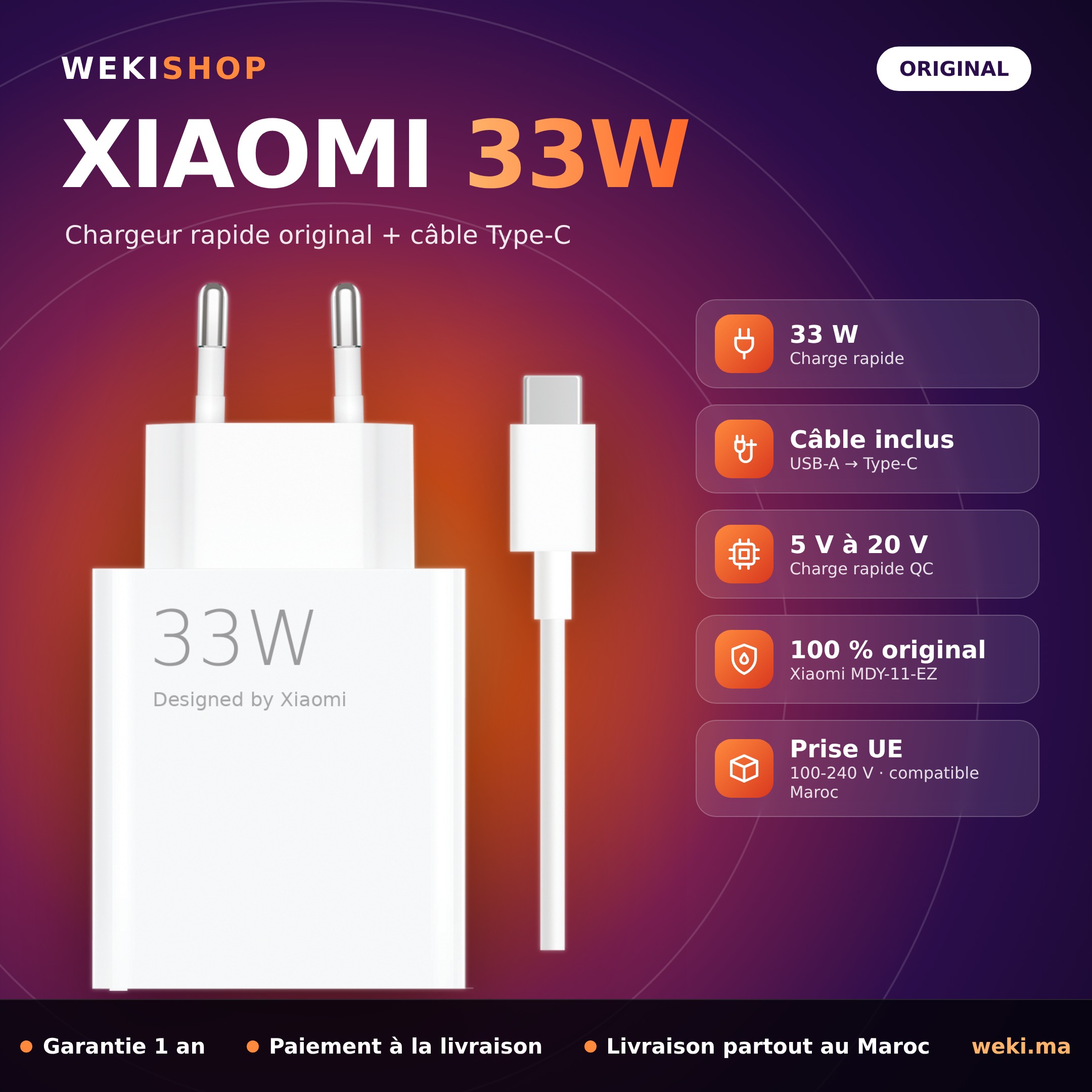 Chargeur Xiaomi 33W original + câble Type-C