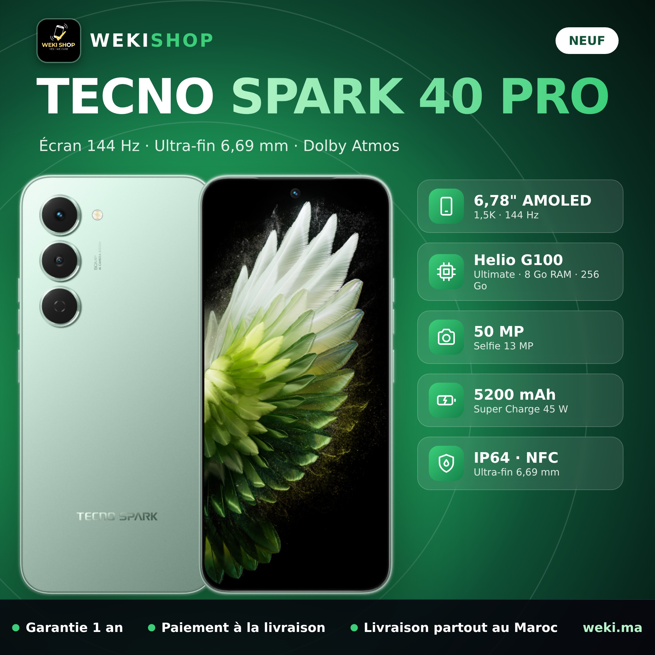 TECNO Spark 40 Pro – 256 Go / 8 Go RAM – Vert